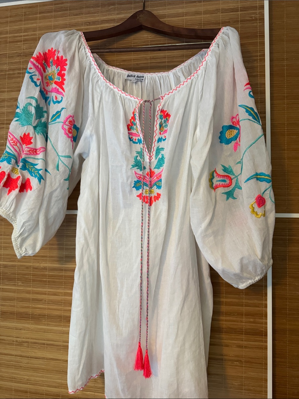 Juliet Dunn White Tunic with Pink & Turquoise Embroidery